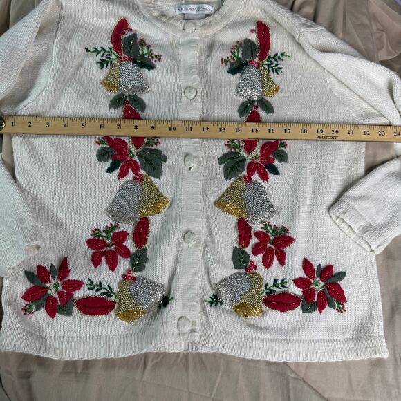 Christmas Sweater Cardigan Women's sz Medium Victoria Jones Applique Embroidery - Picture 6 of 9